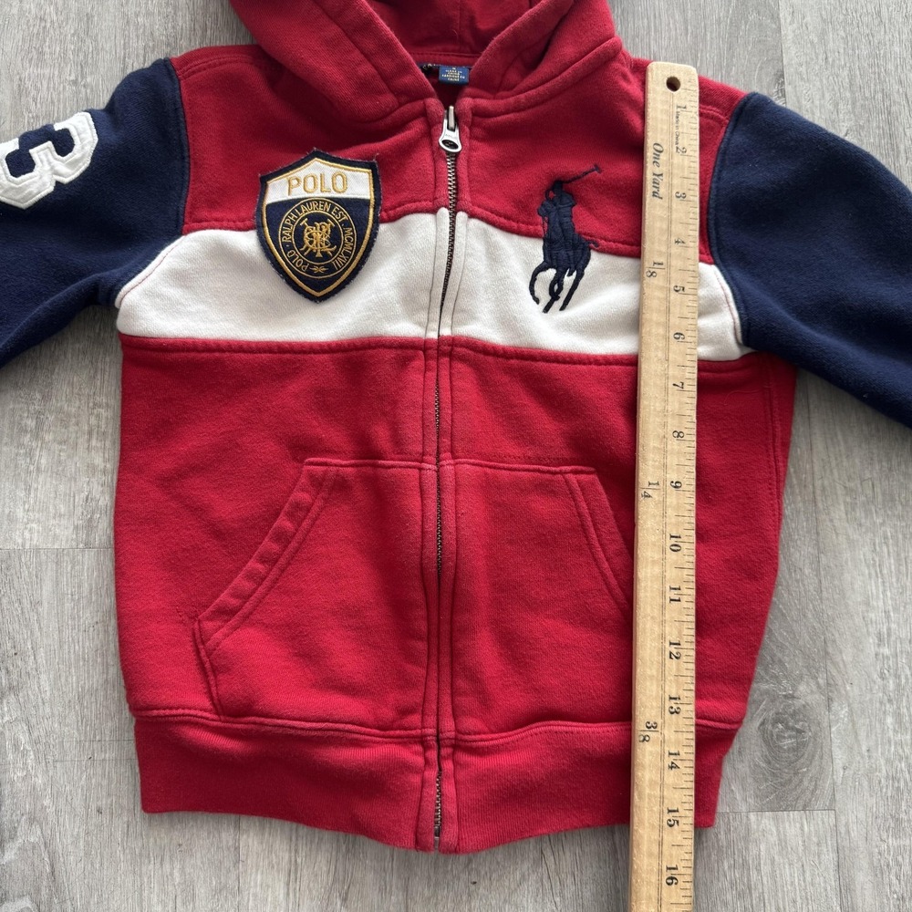 Polo Ralph Lauren Hoodie Boys 5 Red Navy Full Zip Fleece Big Pony Crest Patch 3 - Picture 5 of 6